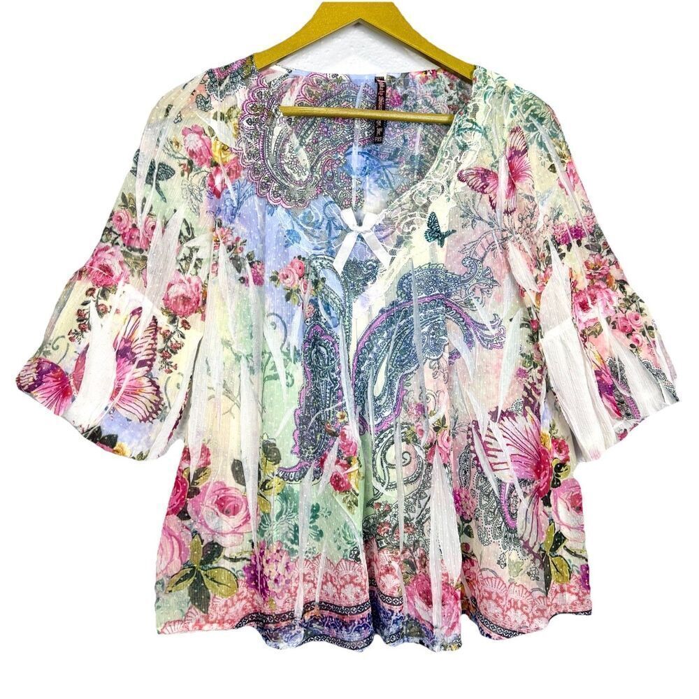Vintage Y2K Sheer Lace Trim Floral‎ Top PXS Butterfly Bow Fairy Coquette Preppy